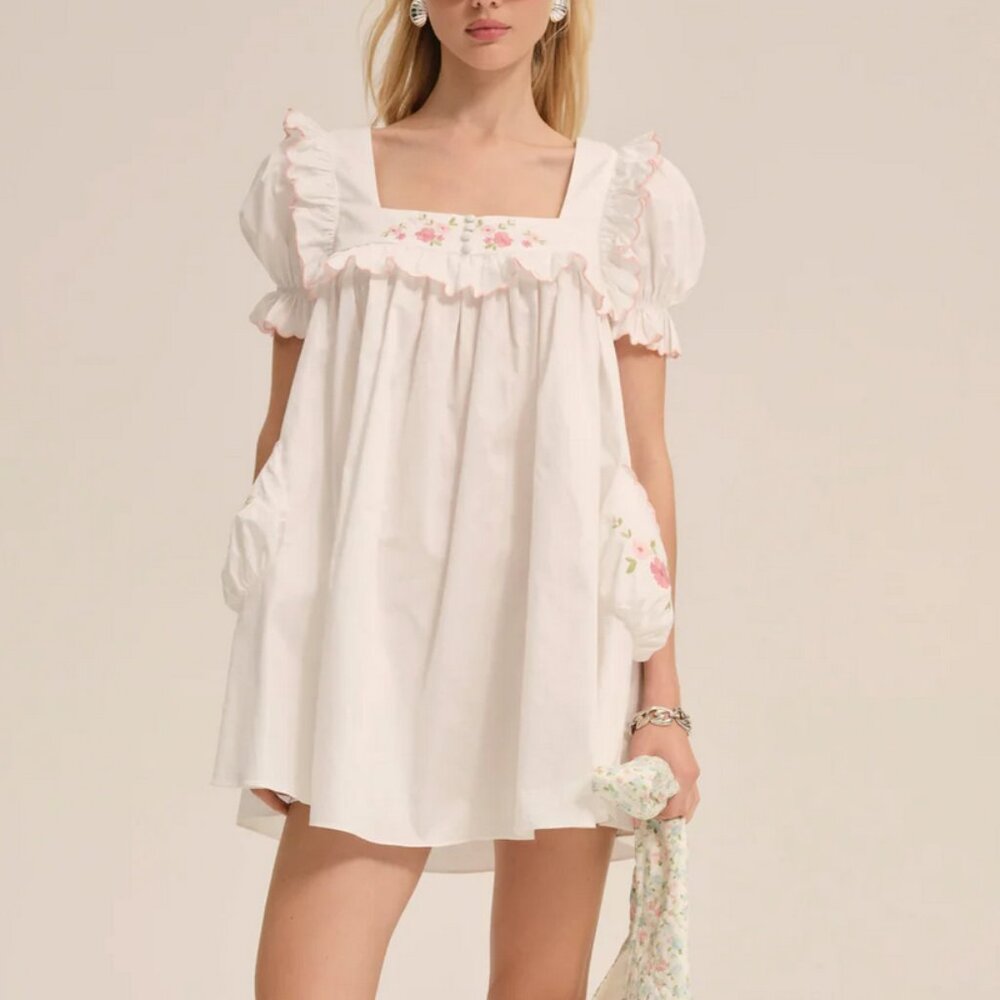 For Love and Lemons Tea Time Babydoll Cotton Mini white pink Dress size M - Picture 2 of 7